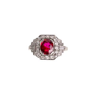 Art Deco GIA Certified Unheated Burma Ruby and Diamond Ring