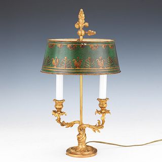 French Bouillotte Lamp With Green Tole Drum Shade