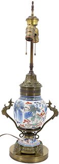 Antique Chinese Gilt Bronze & Porcelain Lamp