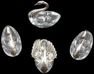 (4) Crystal Swans, One with Sterling Wings