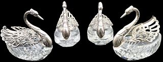 (4) Crystal Swans With Sterling Wings