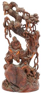 Chinese Carved Boxwood Buddha Pine Tree Sculpture