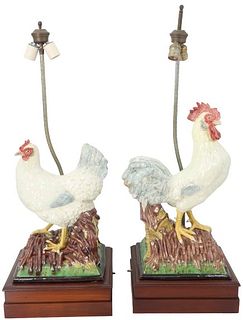 Pair of Large Rooster & Hen Porcelain Lamps