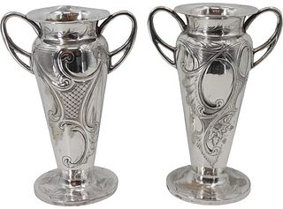 Impressive Pair of Silvered Art Nouveau Vases