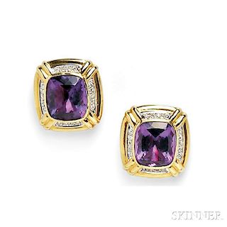 18kt Gold, Amethyst, and Diamond Earclips