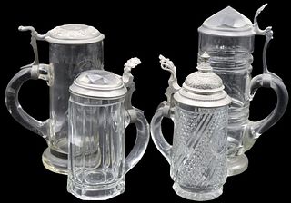(4) Pewter Lidded Glass Steins