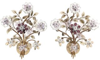 Pair of Glass and Brass Floral Sconces