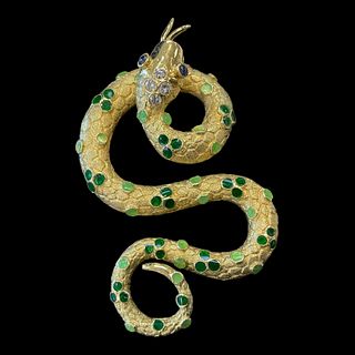 18 kt Yellow Gold and Green Enamel Snake Pendant From the Surreal Collection 