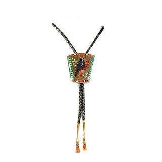 Vintage Dennis and Nancy Edaakie Gold and Mosaic Inlay Wood Pecker Bolo Tie
