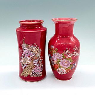 Pair of Vintage Japanese Porcelain Maroon Gilded Vases