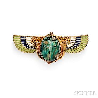 Egyptian Revival 18kt Gold, Faience Scarab, and Enamel Brooch