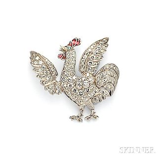 Platinum and Diamond Rooster Brooch