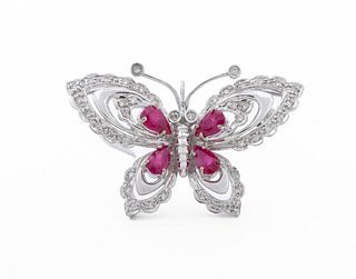 14K White Gold Ruby Diamond Butterfly Pin