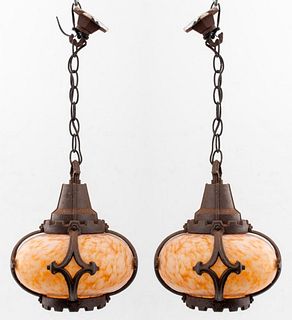 Arts & Crafts Iron Mottled Glass Pendant Lamps, 2