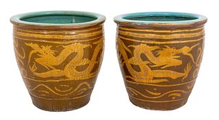 Chinese Glazed Ceramic Dragon Tree Pots, Pair