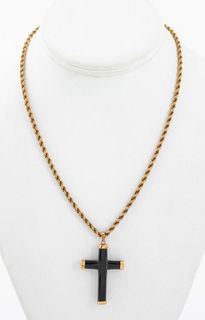 14K Yellow Gold Black Onyx Cross Pendant Necklace