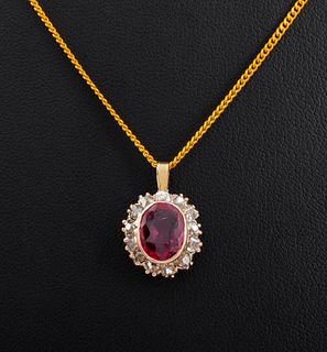 14K Gold Synthetic Ruby & Diamond Pendant Necklace
