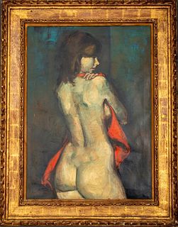 Jan De Ruth "Nude with Red Towel" Oil on Canvas