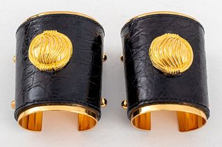Yves Saint Laurent Gold-Tone & Leather Cuffs, Pair