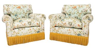 Scalamandre Lampas Upholstered Arm Chairs, Pair