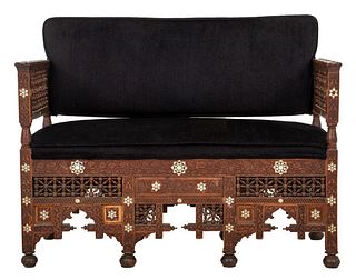 Middle Eastern Fretwork Upholstered Settee, 20th C