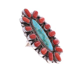 Navajo Nosini Turquoise & Red Branch Coral Ring