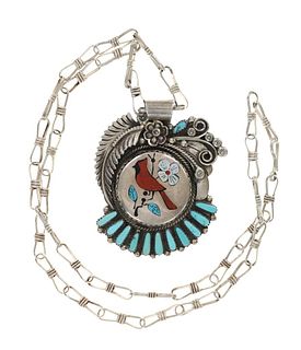 Navajo Sterling Silver Cardinal Inlay Necklace