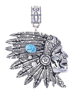 Navajo Singer Silver Turquoise Indian Head Pendant