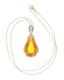 13.75ct Fire Opal Diamond & 14k Gold Necklace