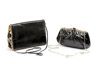 Two Black Judith Leiber Handbags, Python & Lizard
