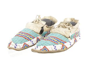Ca. 1880's Sioux Beaded Buffalo Hide Moccasins