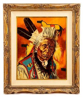 Thomas Mails, "Chief with Standing Hair", Oil