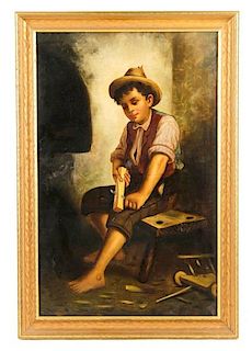 American School, "Boy Whittling Wood", Oil
