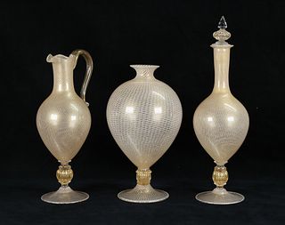 3 Pieces Venetian Glass Ewer, Decanter & Vase
