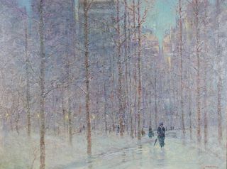 Tom Perkinson Oil on Canvas Winter City Scene