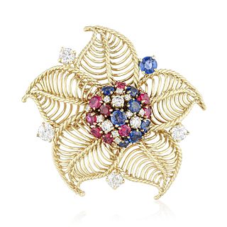 Vintage Ruby Sapphire and Diamond Flower Brooch/Pendant