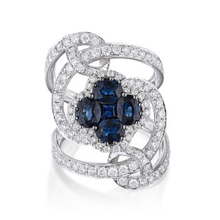 Sapphire Clover-Motif and Diamond Ribbon Ring