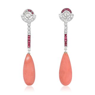 Vintage Coral Ruby and Diamond Drop Earrings
