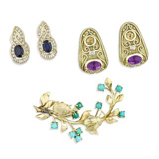 Group of Two Pairs of Gold Earrings and One Gold Brooch