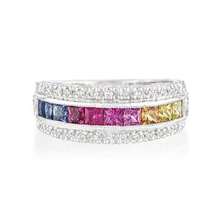 Multi-Color Sapphire and Diamond Ring
