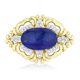 Vintage Lapis Lazuli and Diamond Gold Brooch