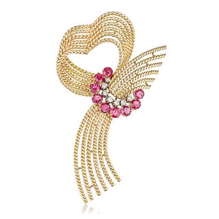 Vintage Ruby and Diamond Gold Heart Brooch