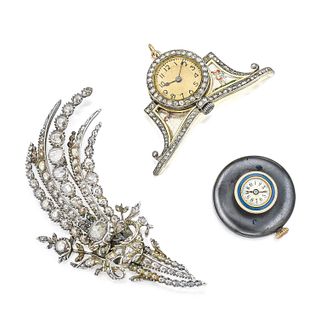 Group of Two Antique Clocks and One Antique Diamond Brooch