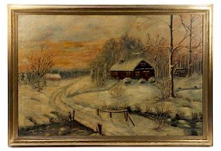 American School, "Snowy Cabin Scene", Oil