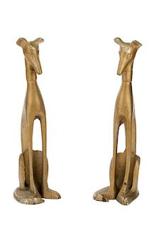 Pair, Polychromed Gold Seated Greyhound Andirons