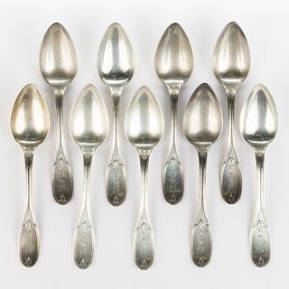 WILLIAM KENDRICK, LOUISVILLE, KENTUCKY RETAILED "TUSCAN" COIN SILVER DESSERT / SOUP SPOONS, SET OF NINE