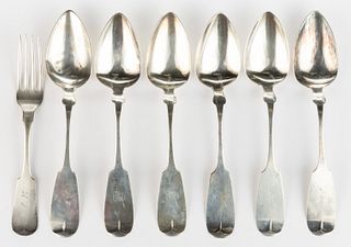 ILLINOIS MADE AND RETAILED COIN SILVER TABLESPOONS AND PLACE FORK, LOT OF SEVEN