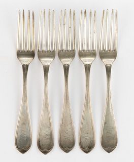 MISSOURI RETAILED "OVAL THREAD" COIN SILVER PLACE FORKS, ASSEMBLED SET OF FIVE