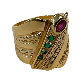14 kt Yellow Gold, Ruby and Emerald Wide Scallop Ring from the Surreal Collection