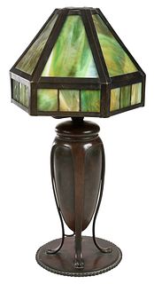 Tiffany Studios or Style Bronze Base with Associated Slag Glass Shade